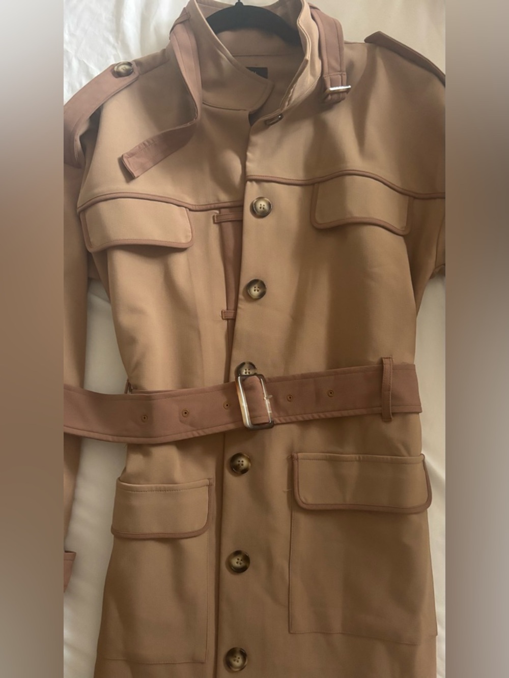 JLUXLABEL Beige Tan Icon Belted Midi Dress Belted Midi Trench Coat Military S - Picture 9 of 9